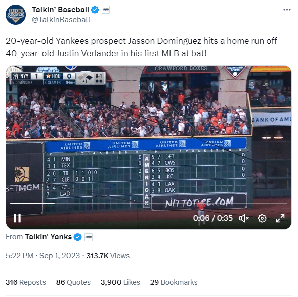 Jasson Dominguez Yankees debut tweet